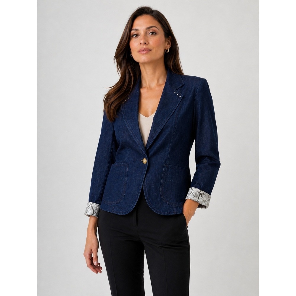 Vintage FDJ French Dressing Denim Blazer Womens 8 Blue Lightweight Rhinestone